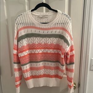 LOFT White and Green Crew Neck Sweater with Stripes